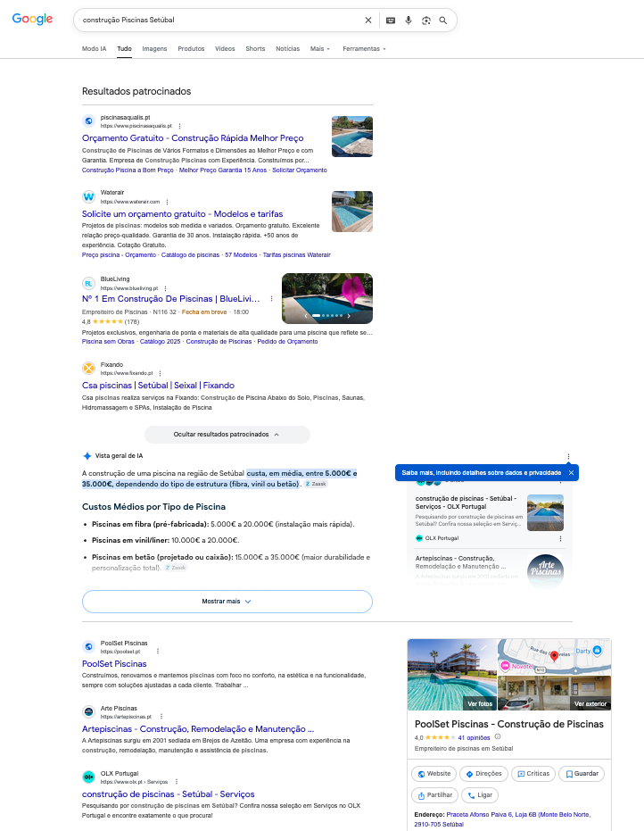 Resultado de pesquisa Google para construção piscinas setúbal com a PoolSet em destaque