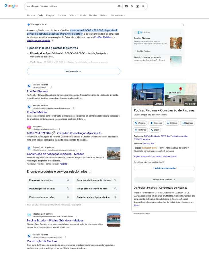 Resultado de pesquisa Google para construção piscinas melides com a PoolSet em destaque