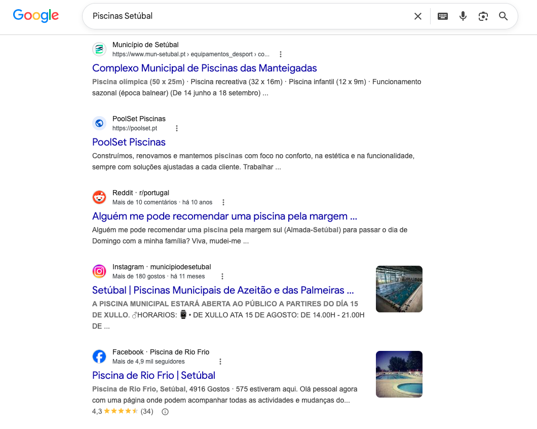 Resultado de pesquisa Google para piscinas setúbal com a PoolSet em destaque