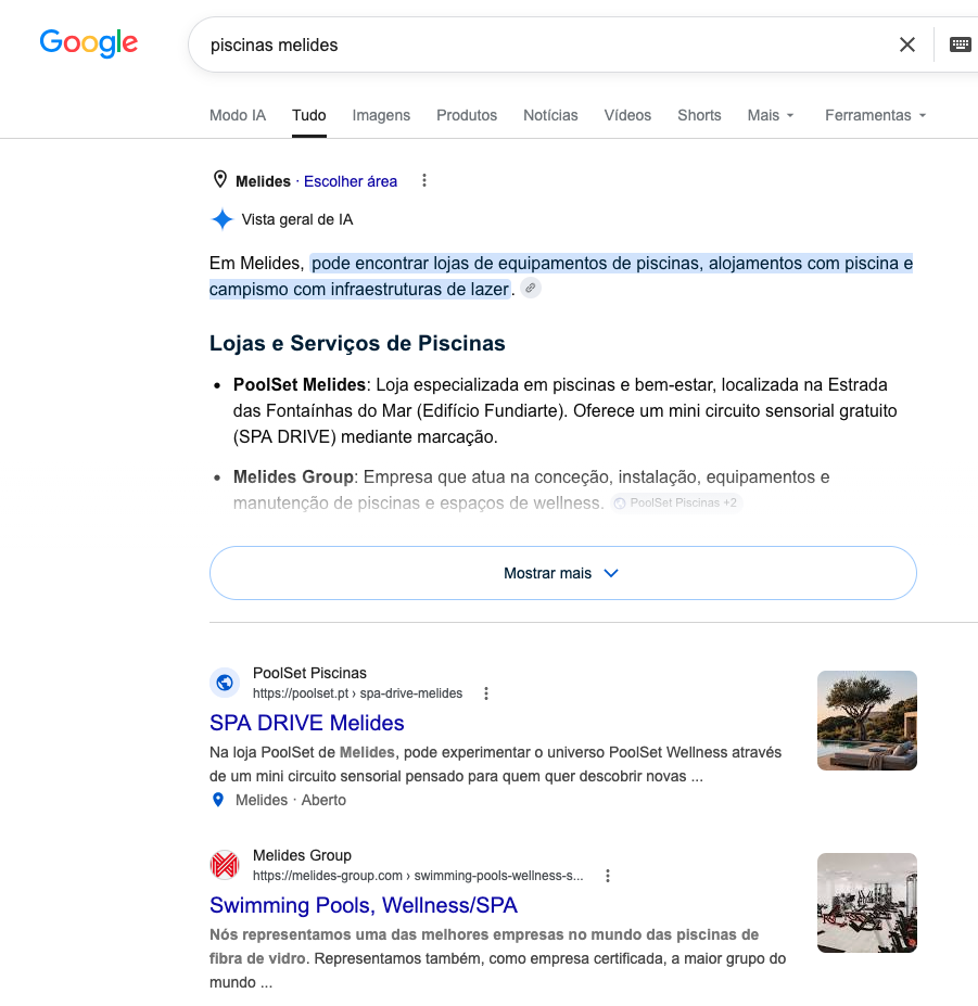 Resultado de pesquisa Google para piscinas melides com a PoolSet em destaque