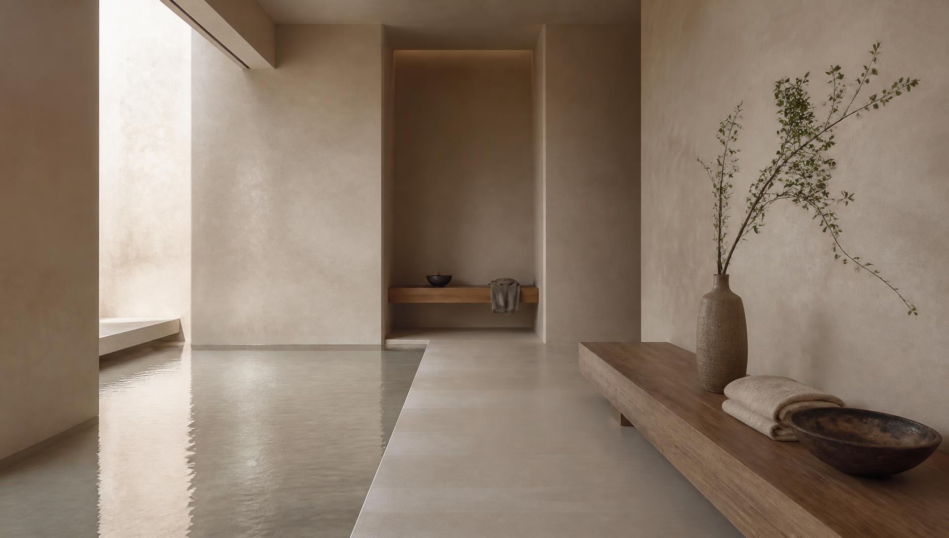 Interior de spa minimalista em tons de areia com espelho de água e banco em madeira